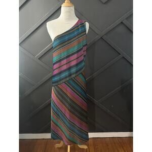 size 12 Maggy London One Shoulder Dress Fuchsia Multi Stripe Midi Asymmetrical
